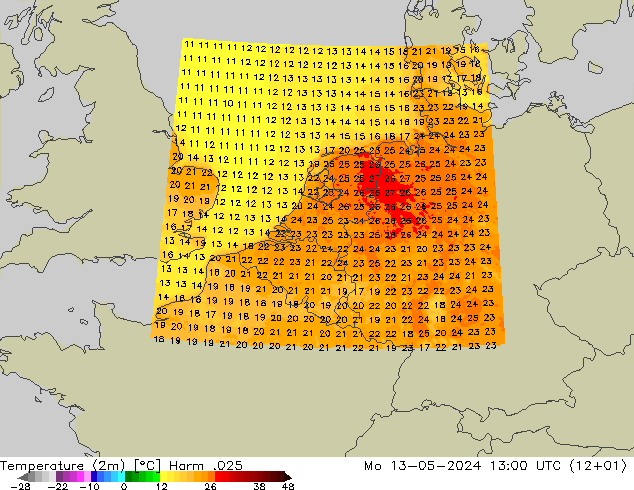 Temperatuurkaart (2m) Harm .025 ma 13.05.2024 13 UTC