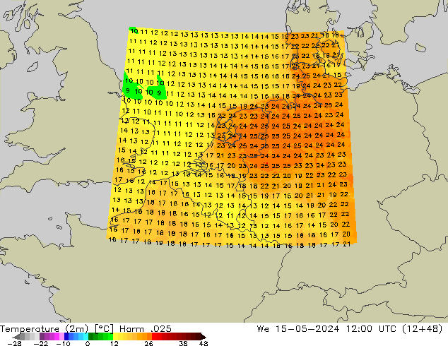 Temperatuurkaart (2m) Harm .025 wo 15.05.2024 12 UTC