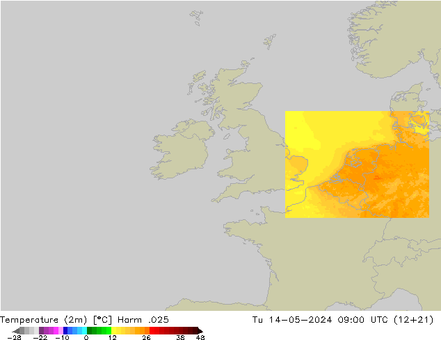 Temperatuurkaart (2m) Harm .025 di 14.05.2024 09 UTC