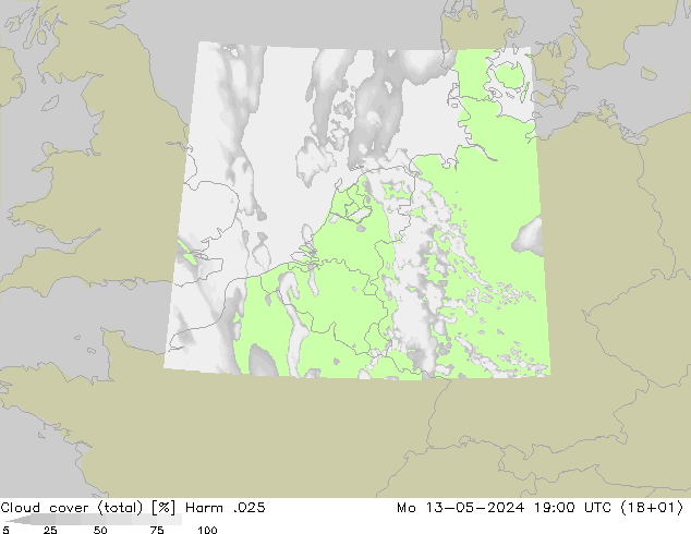 Cloud cover (total) Harm .025 Mo 13.05.2024 19 UTC