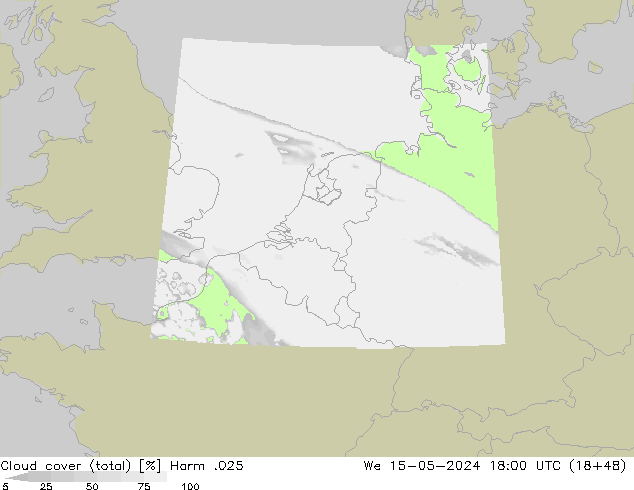 Cloud cover (total) Harm .025 We 15.05.2024 18 UTC