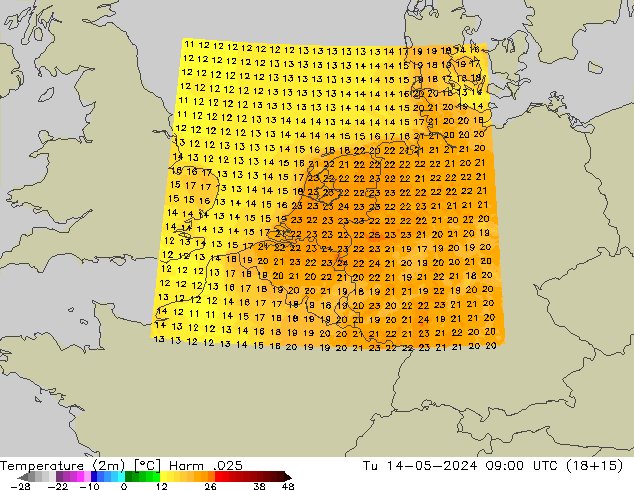 Temperature (2m) Harm .025 Út 14.05.2024 09 UTC