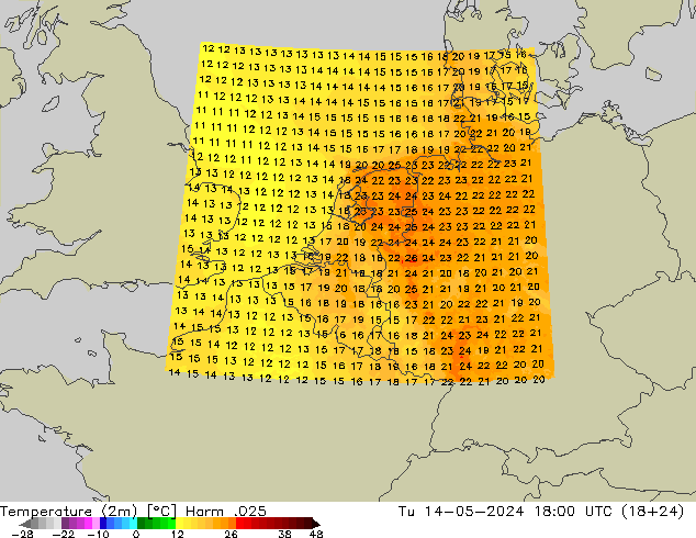 Temperature (2m) Harm .025 Út 14.05.2024 18 UTC