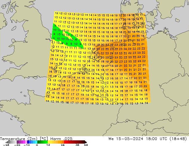 Temperatura (2m) Harm .025 Qua 15.05.2024 18 UTC