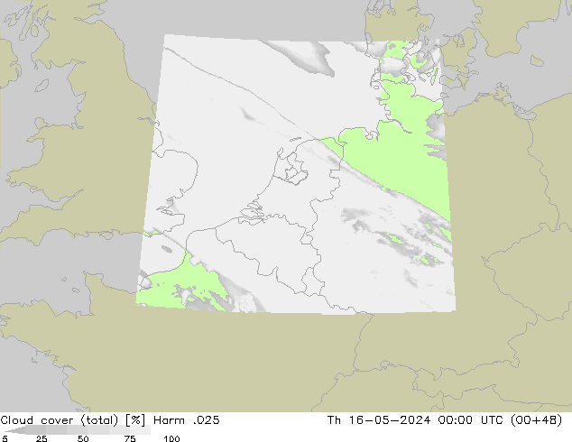 Cloud cover (total) Harm .025 Čt 16.05.2024 00 UTC