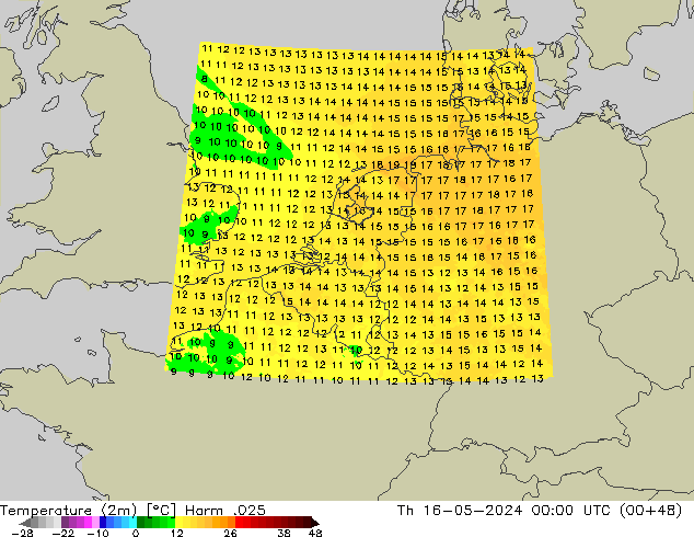Temperatuurkaart (2m) Harm .025 do 16.05.2024 00 UTC