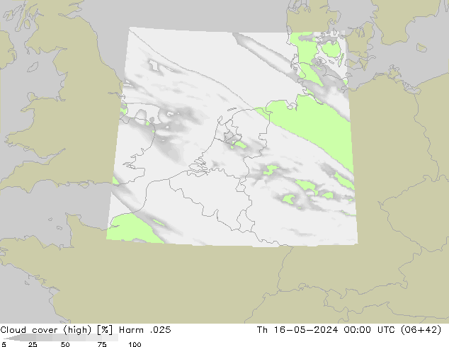 Cloud cover (high) Harm .025 Th 16.05.2024 00 UTC