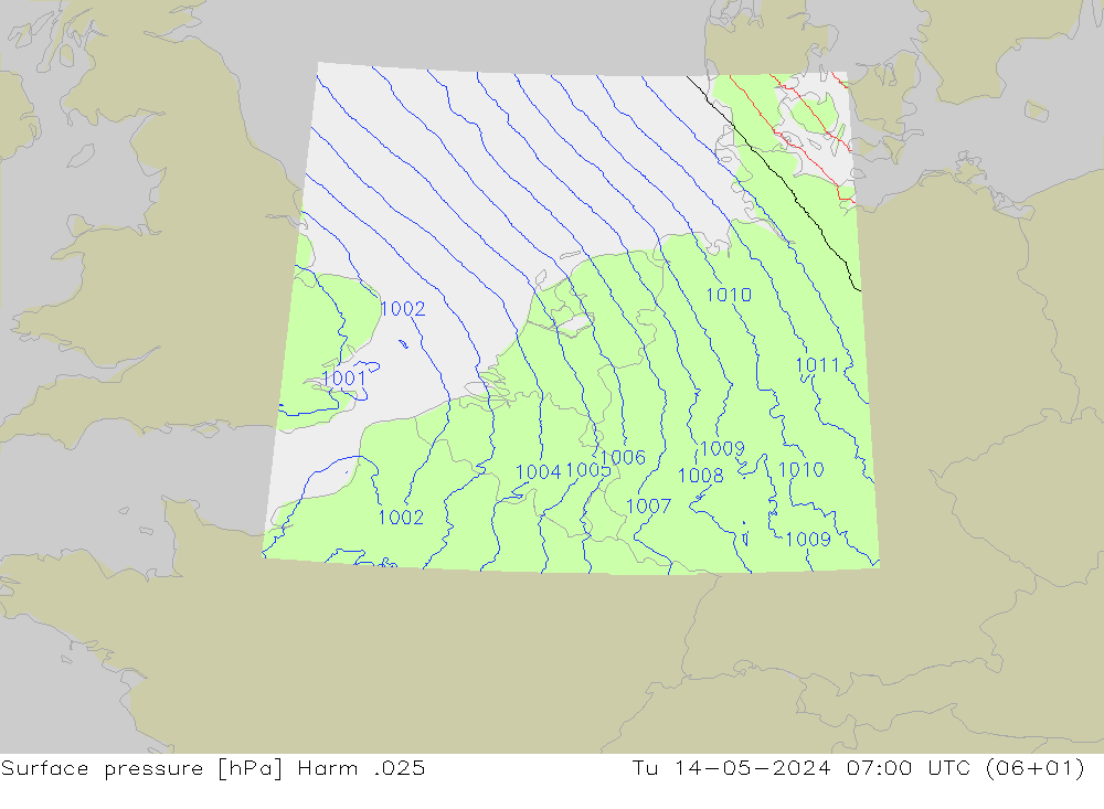 地面气压 Harm .025 星期二 14.05.2024 07 UTC