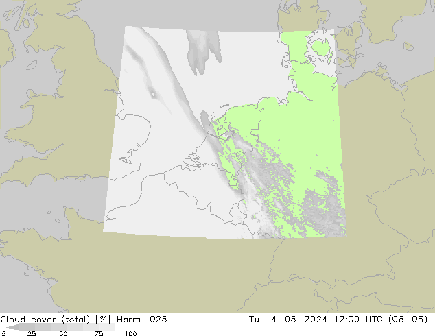Cloud cover (total) Harm .025 Tu 14.05.2024 12 UTC