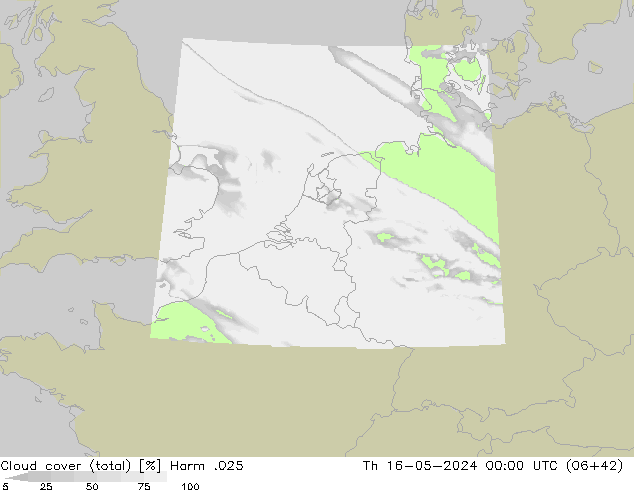 Cloud cover (total) Harm .025 Čt 16.05.2024 00 UTC