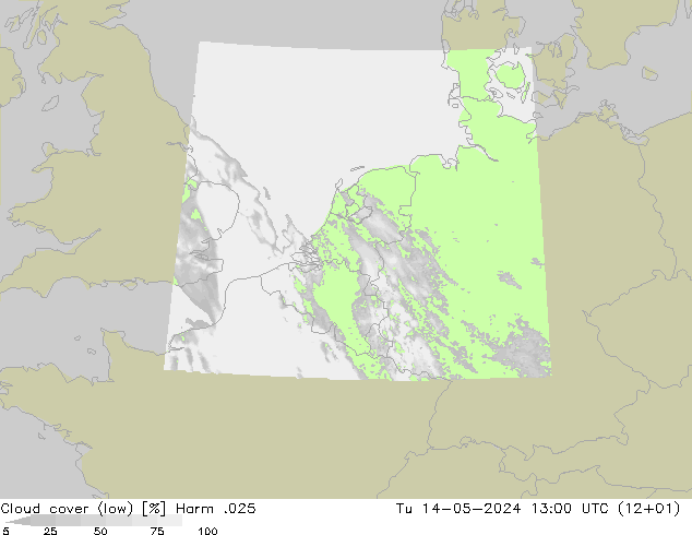 Cloud cover (low) Harm .025 Tu 14.05.2024 13 UTC