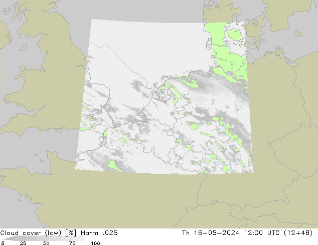 Cloud cover (low) Harm .025 Th 16.05.2024 12 UTC