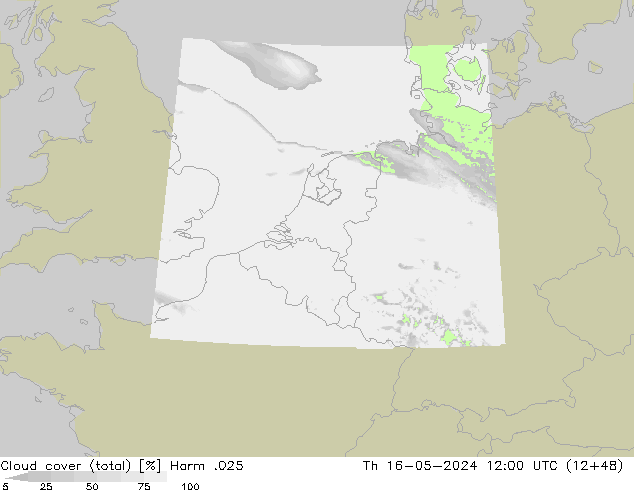 Cloud cover (total) Harm .025 Čt 16.05.2024 12 UTC