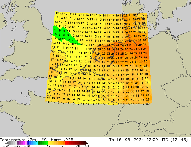 Temperatuurkaart (2m) Harm .025 do 16.05.2024 12 UTC