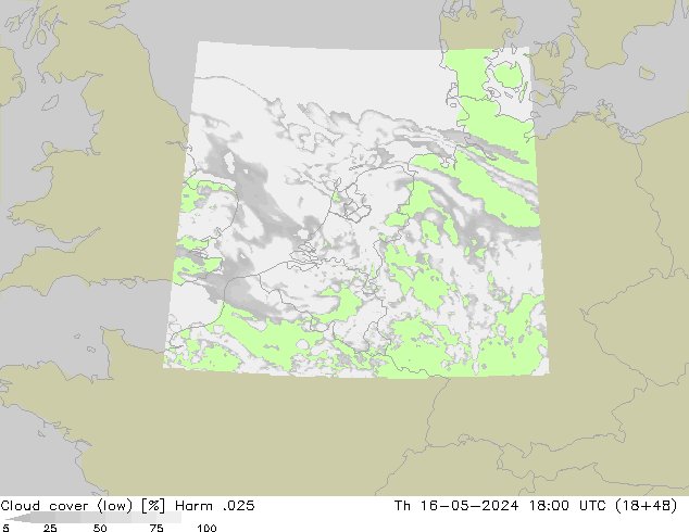 Cloud cover (low) Harm .025 Th 16.05.2024 18 UTC