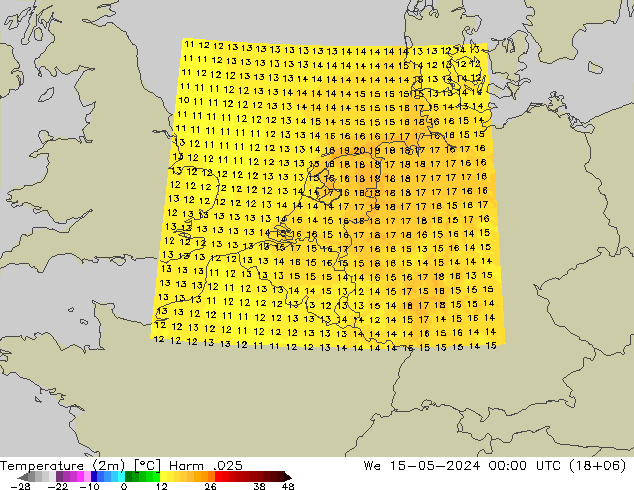 Temperatura (2m) Harm .025 mer 15.05.2024 00 UTC