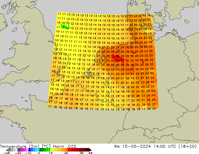Temperaturkarte (2m) Harm .025 Mi 15.05.2024 14 UTC