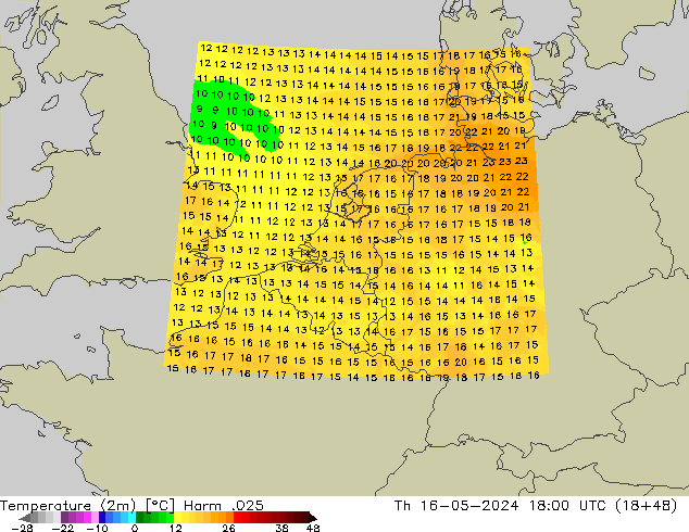 Temperatura (2m) Harm .025 Qui 16.05.2024 18 UTC