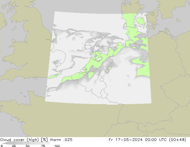 Cloud cover (high) Harm .025 Fr 17.05.2024 00 UTC