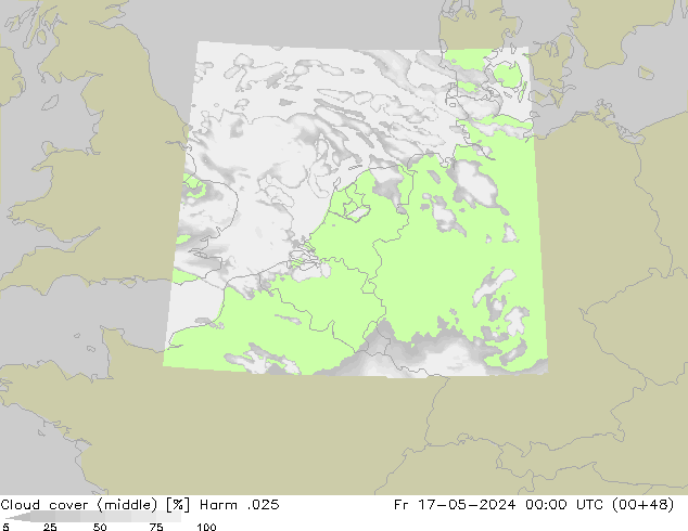Cloud cover (middle) Harm .025 Fr 17.05.2024 00 UTC