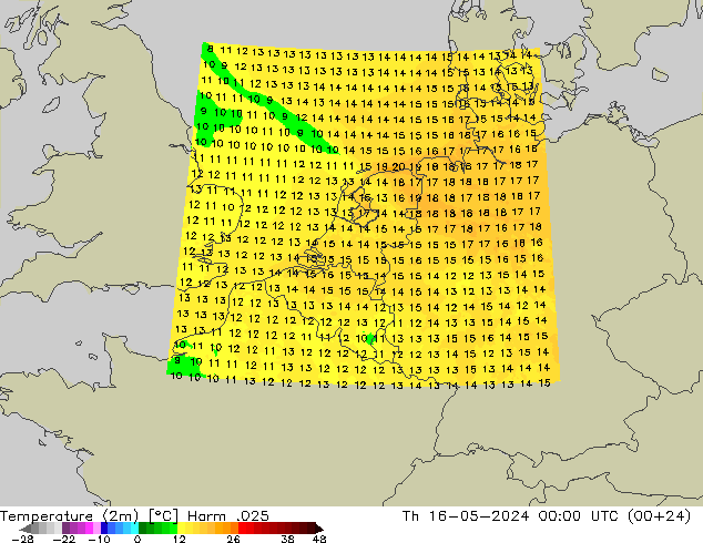 Temperaturkarte (2m) Harm .025 Do 16.05.2024 00 UTC