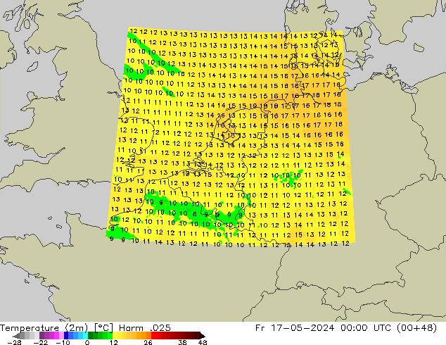 mapa temperatury (2m) Harm .025 pt. 17.05.2024 00 UTC