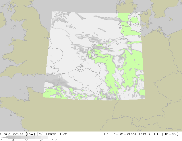 Cloud cover (low) Harm .025 Fr 17.05.2024 00 UTC