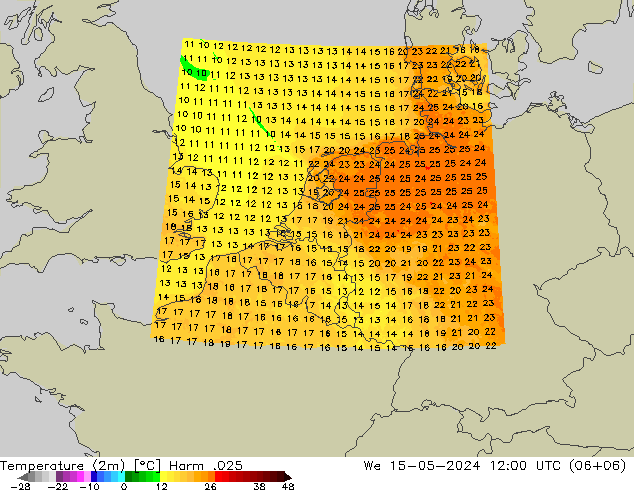 Temperaturkarte (2m) Harm .025 Mi 15.05.2024 12 UTC