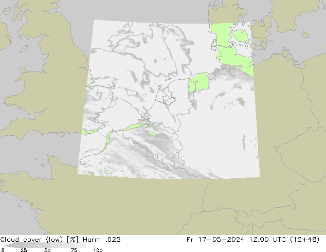 Cloud cover (low) Harm .025 Fr 17.05.2024 12 UTC