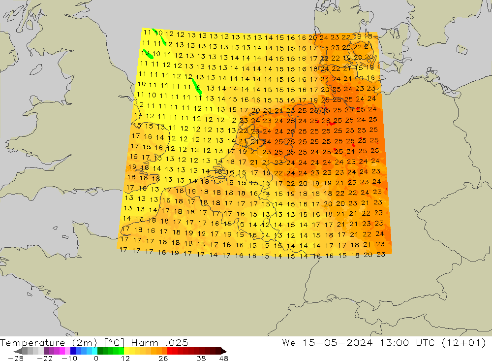 Temperatura (2m) Harm .025 Qua 15.05.2024 13 UTC