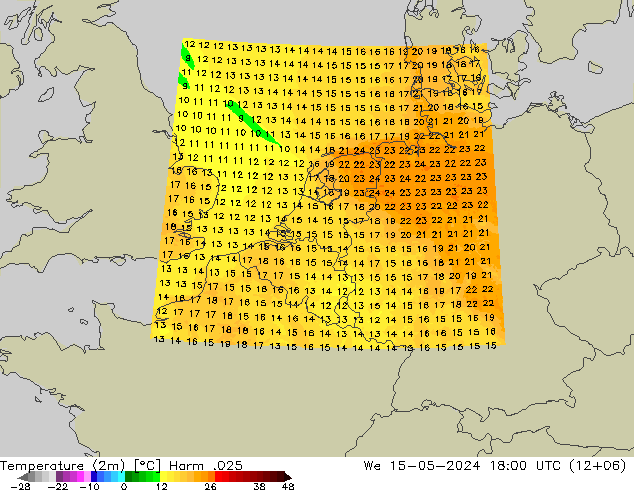 Temperatura (2m) Harm .025 mié 15.05.2024 18 UTC