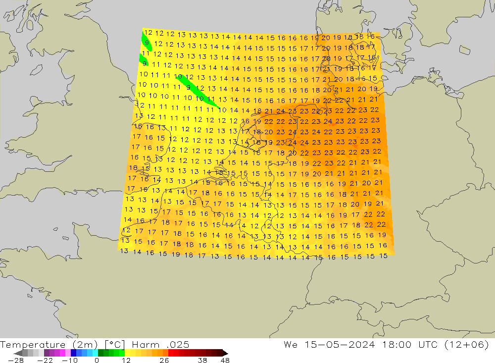 Temperatura (2m) Harm .025 mié 15.05.2024 18 UTC