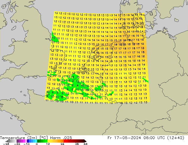 Temperatuurkaart (2m) Harm .025 vr 17.05.2024 06 UTC