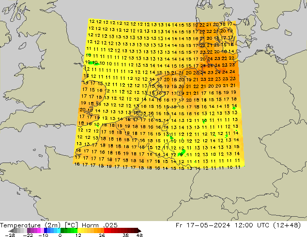 Temperatuurkaart (2m) Harm .025 vr 17.05.2024 12 UTC