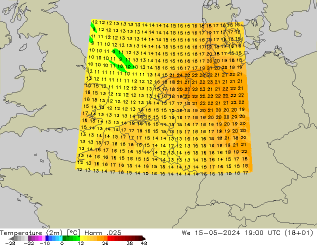 Temperaturkarte (2m) Harm .025 Mi 15.05.2024 19 UTC