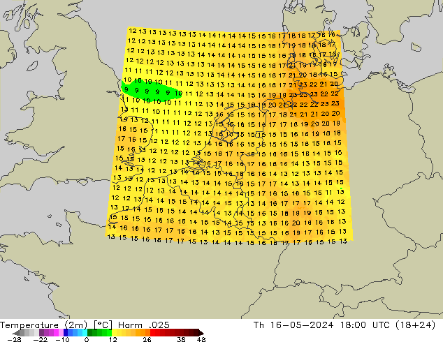 Temperaturkarte (2m) Harm .025 Do 16.05.2024 18 UTC