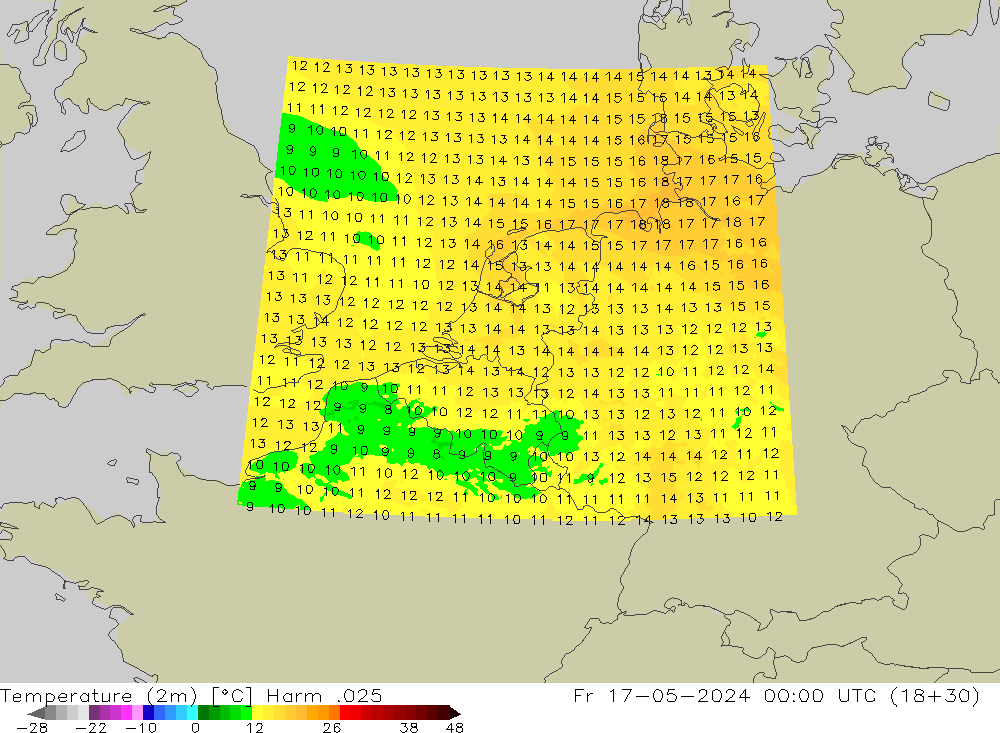 Temperaturkarte (2m) Harm .025 Fr 17.05.2024 00 UTC