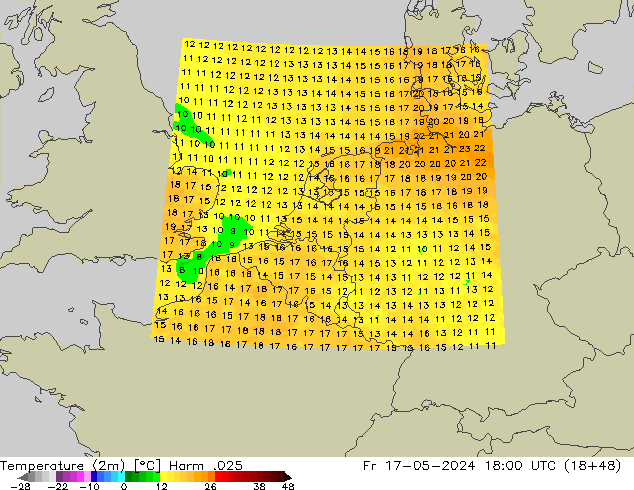 Temperatuurkaart (2m) Harm .025 vr 17.05.2024 18 UTC