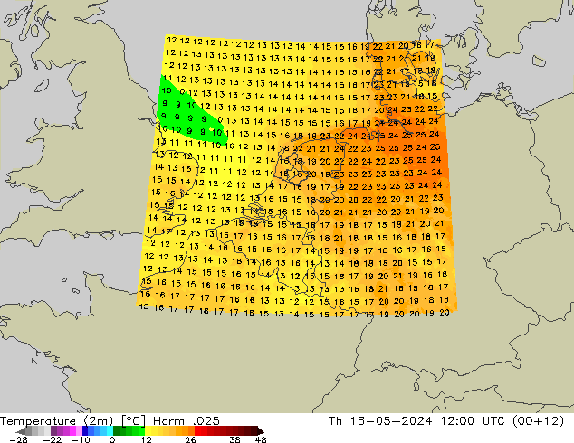 Temperaturkarte (2m) Harm .025 Do 16.05.2024 12 UTC