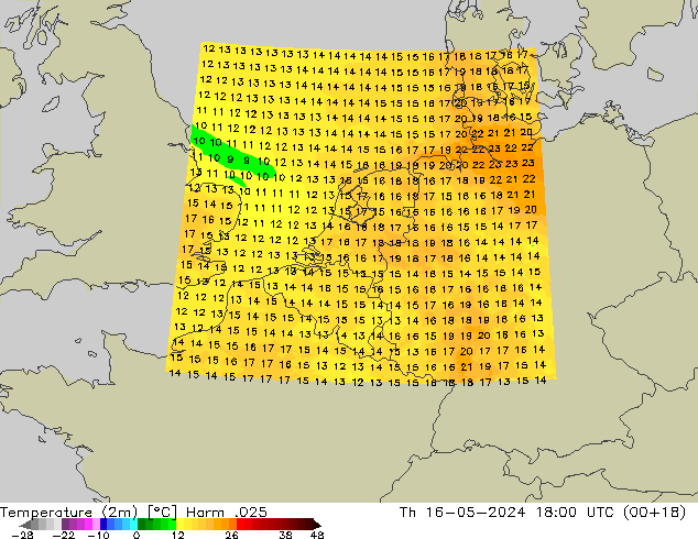 Temperatuurkaart (2m) Harm .025 do 16.05.2024 18 UTC