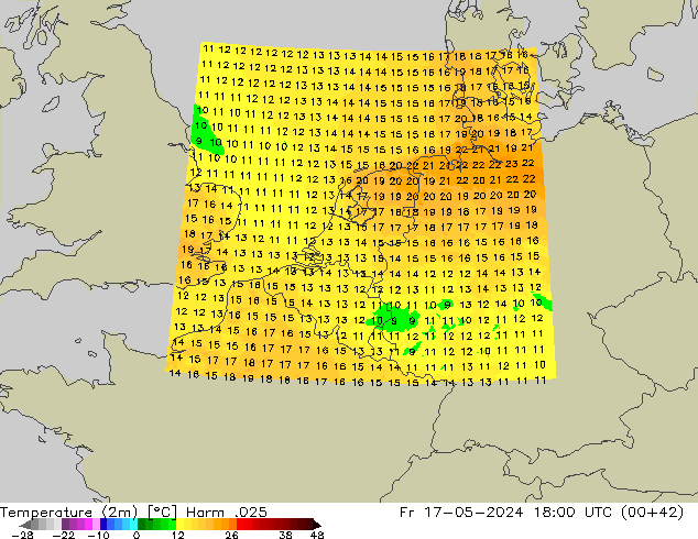 Temperature (2m) Harm .025 Fr 17.05.2024 18 UTC