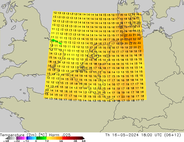 Temperatuurkaart (2m) Harm .025 do 16.05.2024 18 UTC