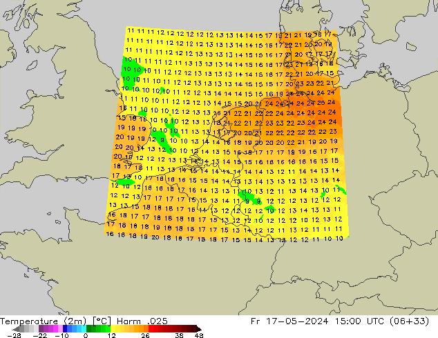 Temperatuurkaart (2m) Harm .025 vr 17.05.2024 15 UTC