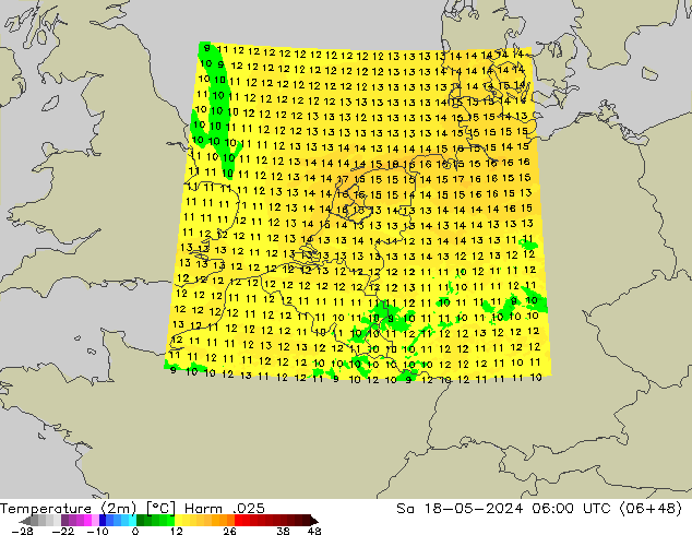 Temperaturkarte (2m) Harm .025 Sa 18.05.2024 06 UTC