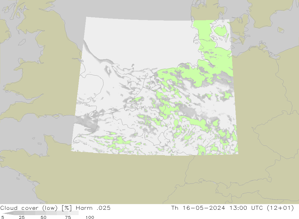 Cloud cover (low) Harm .025 Th 16.05.2024 13 UTC