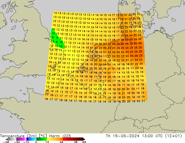 Temperatura (2m) Harm .025 jue 16.05.2024 13 UTC