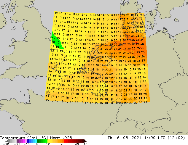 Temperatura (2m) Harm .025 jue 16.05.2024 14 UTC
