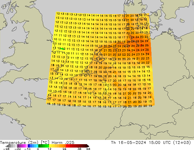 Temperatuurkaart (2m) Harm .025 do 16.05.2024 15 UTC