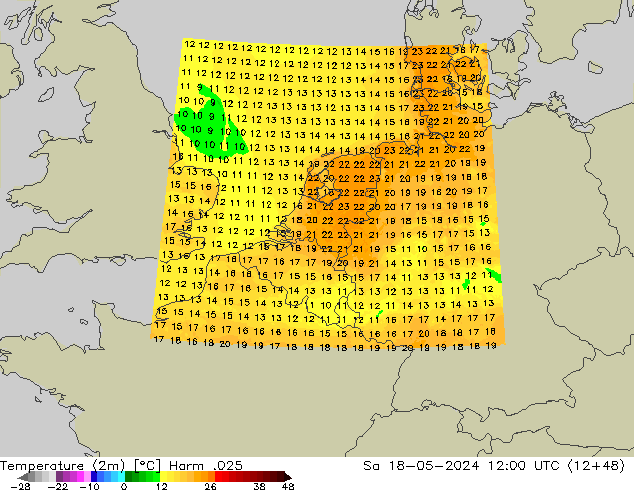 Temperatuurkaart (2m) Harm .025 za 18.05.2024 12 UTC