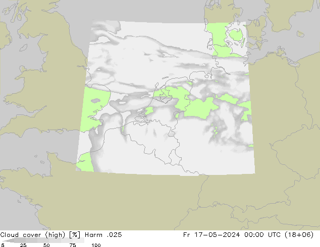 Cloud cover (high) Harm .025 Fr 17.05.2024 00 UTC